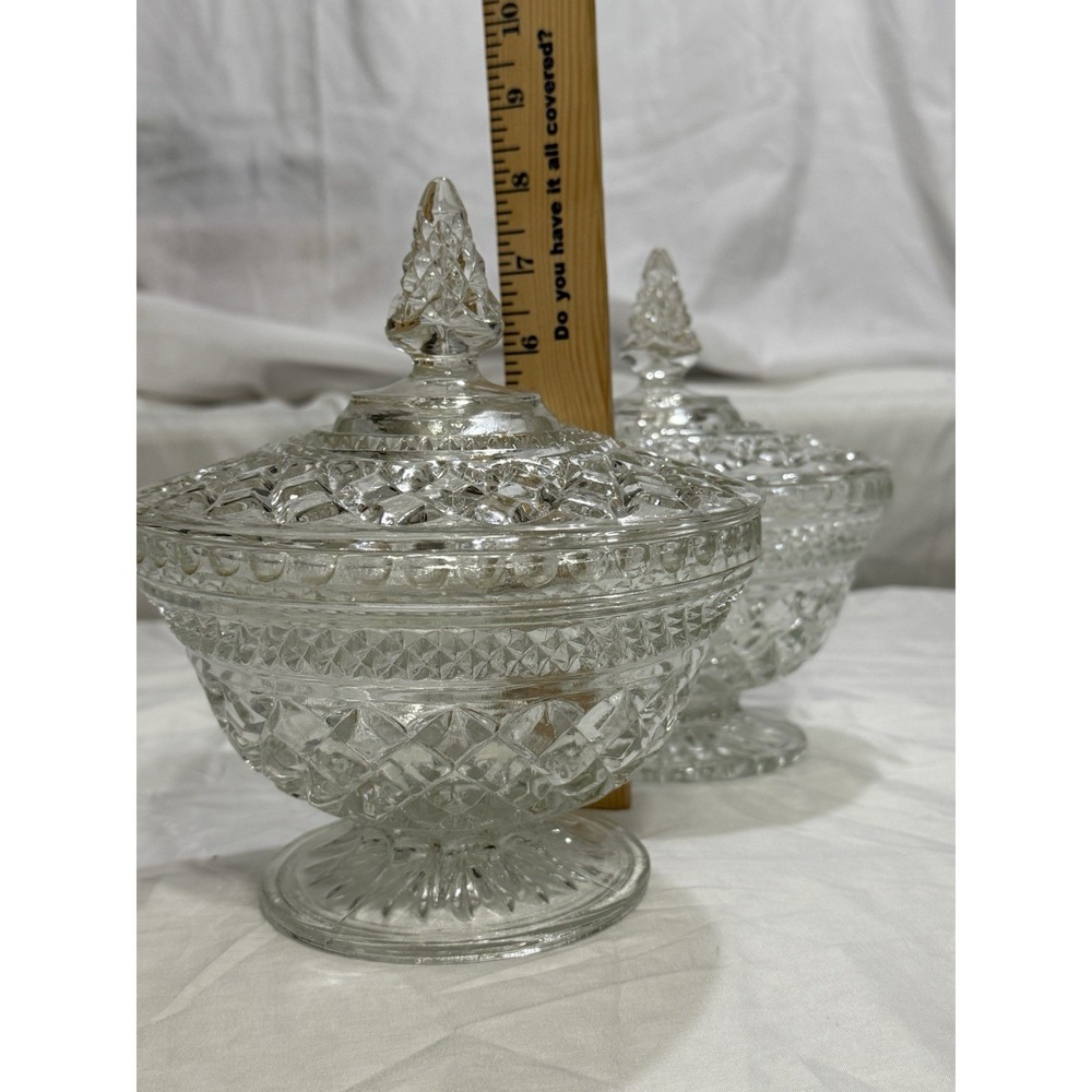 Lot Of 2 Vintage Anchor Hocking Wexford Diamond Pointed Clear Candy‎ Dish W/lid